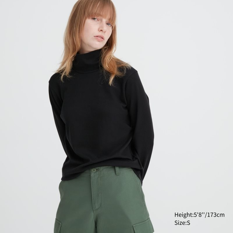 Black Women Uniqlo Smooth Stretch Cotton Turtleneck Long Sleeve T Shirts | USA XVFCW-3981