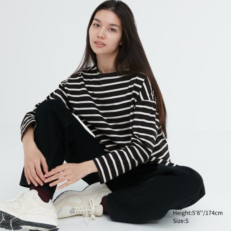 Black Women Uniqlo Striped Long Sleeve T Shirts | USA XKTMP-7859