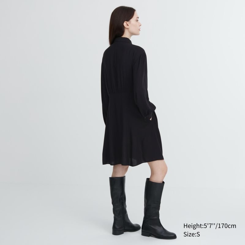 Black Women Uniqlo V-neck Long-sleeve Mini Dress | USA FVHRS-3502