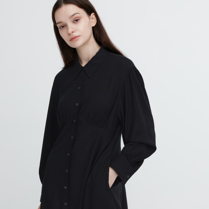 Black Women Uniqlo V-neck Long-sleeve Mini Dress | USA FVHRS-3502