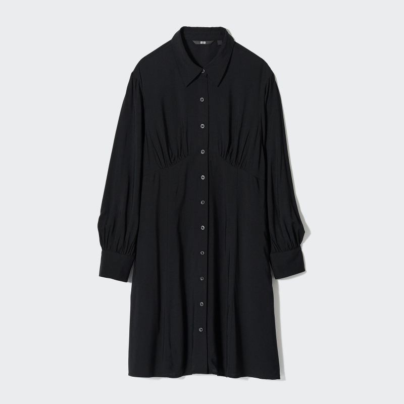 Black Women Uniqlo V-neck Long-sleeve Mini Dress | USA FVHRS-3502