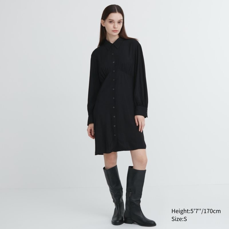 Black Women Uniqlo V-neck Long-sleeve Mini Dress | USA FVHRS-3502