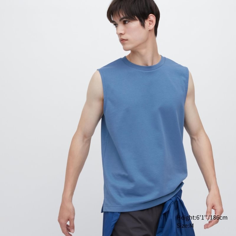 Blue Men Uniqlo Airism Cotton Sleeveless T Shirts | USA XHQKO-7184