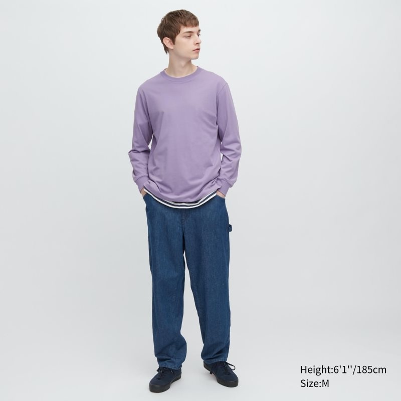 Blue Men Uniqlo Airism Cotton Uv Protection Crew Neck Long-sleeve T Shirts | USA TKSLZ-7563