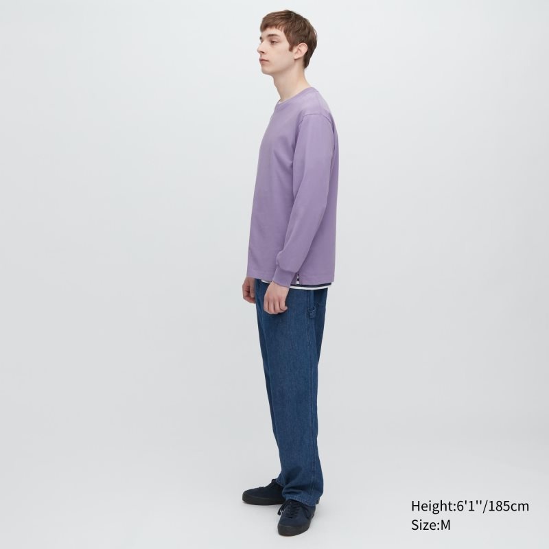 Blue Men Uniqlo Airism Cotton Uv Protection Crew Neck Long-sleeve T Shirts | USA TKSLZ-7563