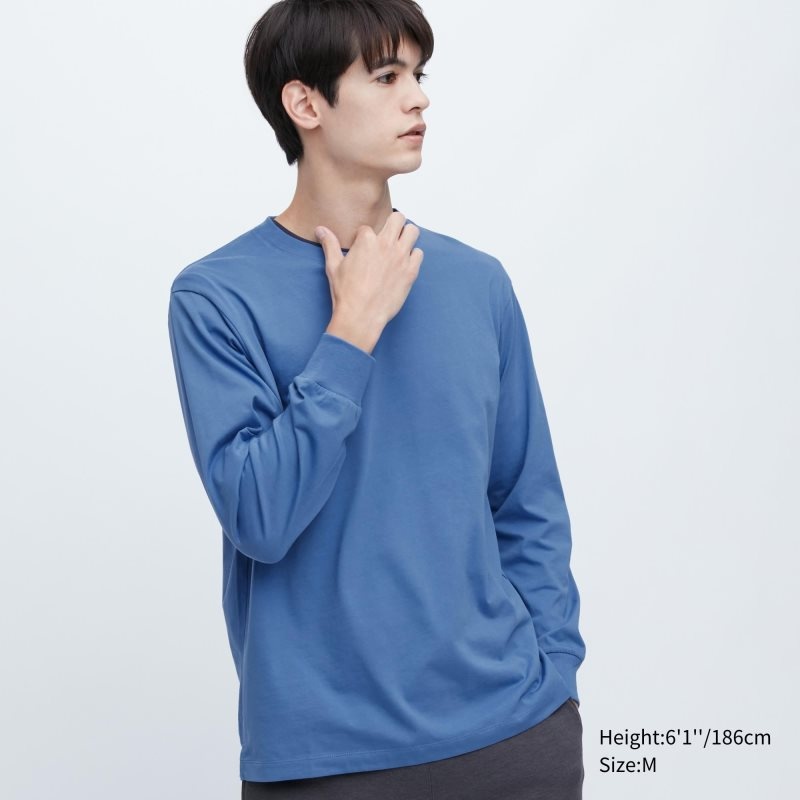 Blue Men Uniqlo Airism Cotton Uv Protection Crew Neck Long-sleeve T Shirts | USA TKSLZ-7563