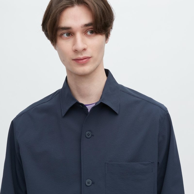 Blue Men Uniqlo Airsense Shirt (Seersucker)(Ultra Light Shirt) Jackets | USA HNZTY-0625