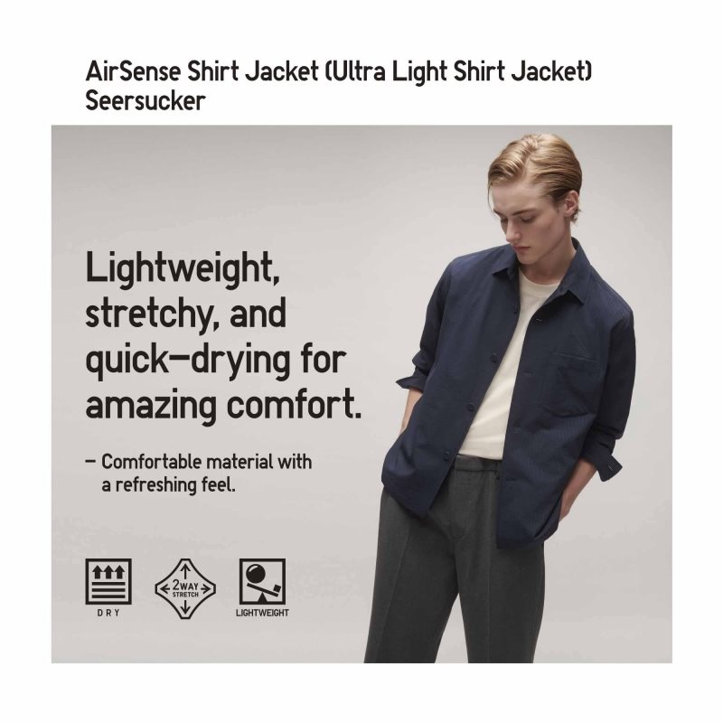 Blue Men Uniqlo Airsense Shirt (Seersucker)(Ultra Light Shirt) Jackets | USA HNZTY-0625