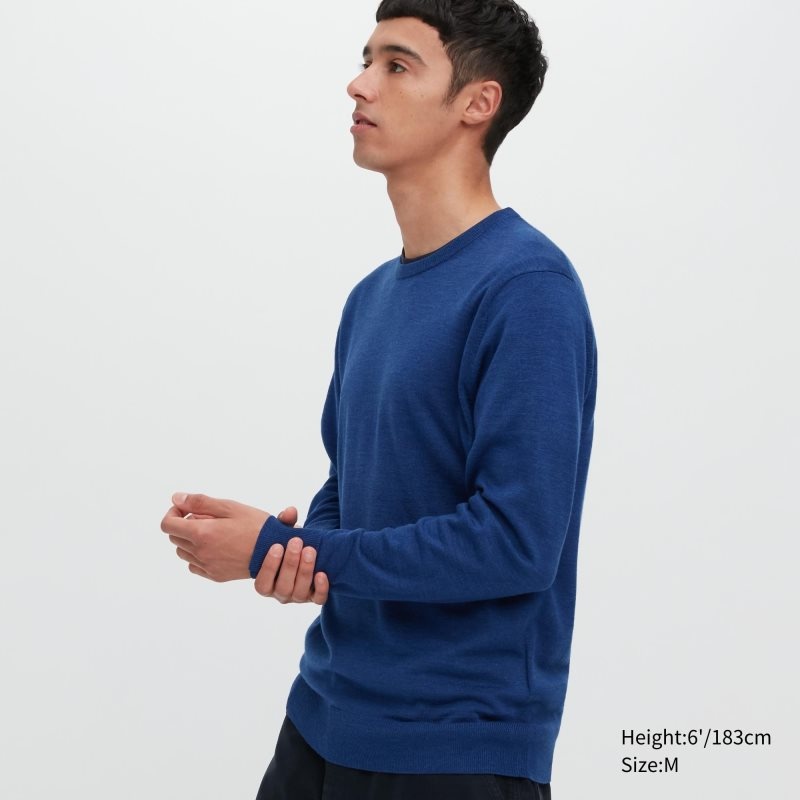 Blue Men Uniqlo Extra Fine Merino Crew Neck Sweaters | USA ZAMOC-4725