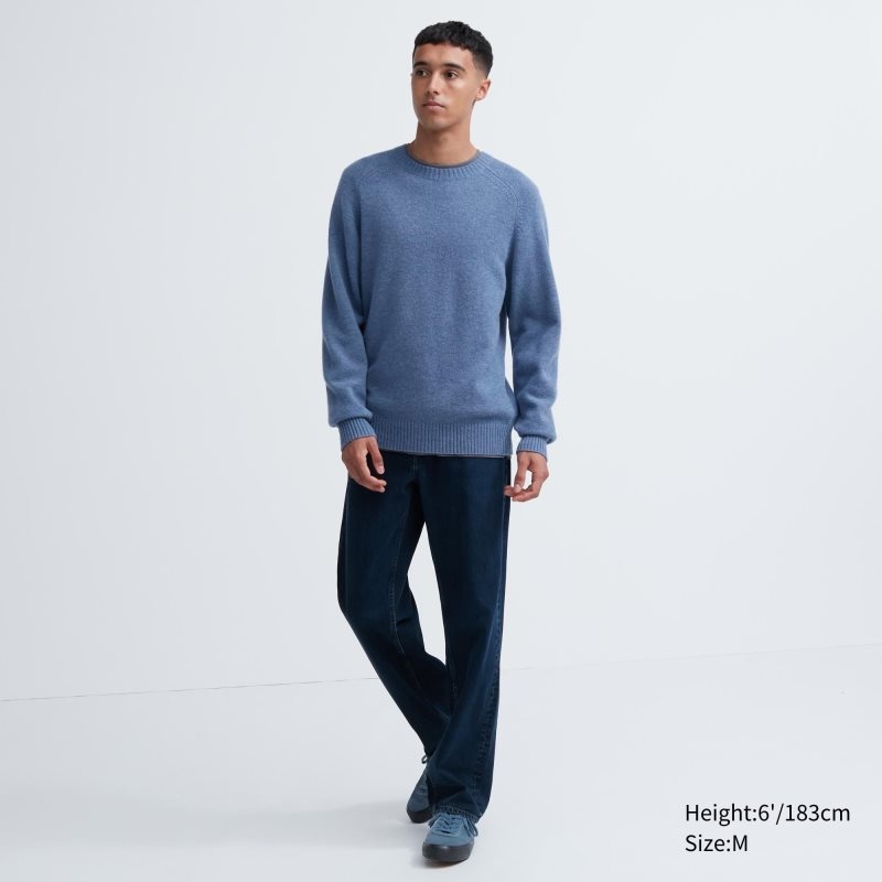 Blue Men Uniqlo Premium Lambswool Crew Neck Long Sleeve Sweaters | USA AEZNM-3841