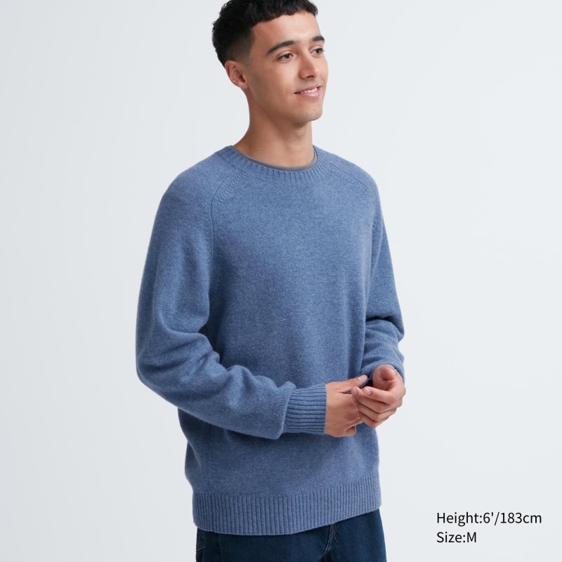 Blue Men Uniqlo Premium Lambswool Crew Neck Long Sleeve Sweaters | USA AEZNM-3841