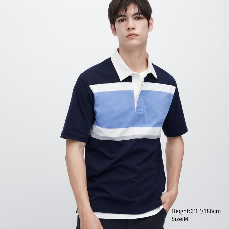 Blue Men Uniqlo Rugger Striped Short-sleeve Polo Shirts | USA KMLHF-4617