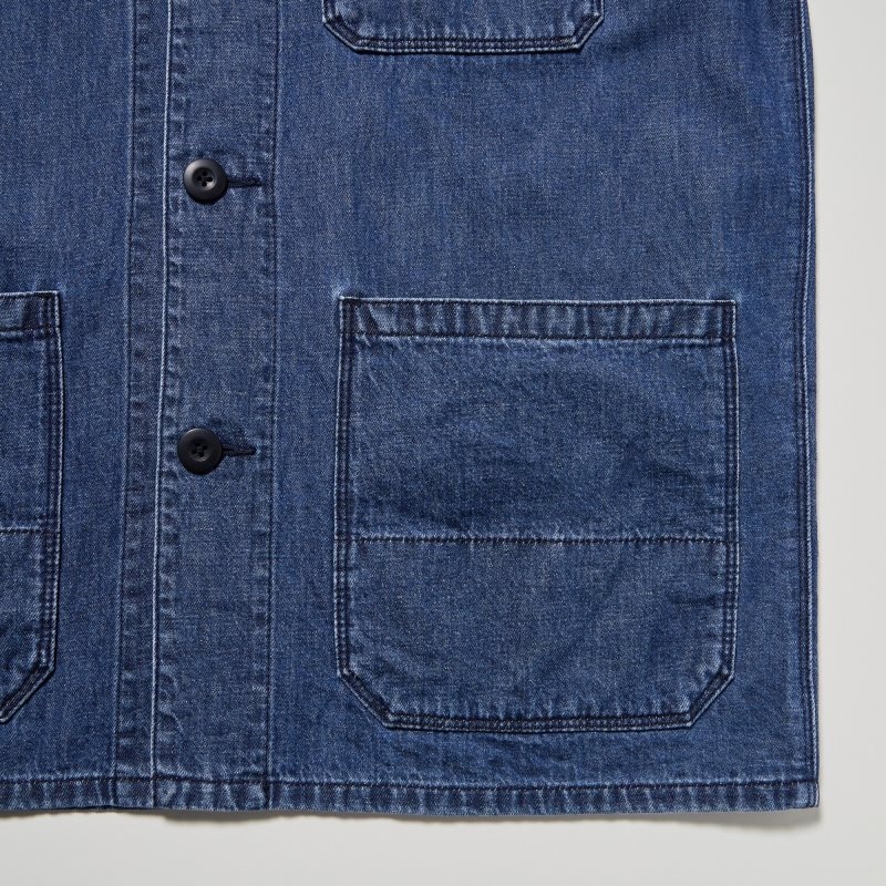 Blue Men Uniqlo Utility Denim (Cotton Linen) Jackets | USA JSKEQ-3789