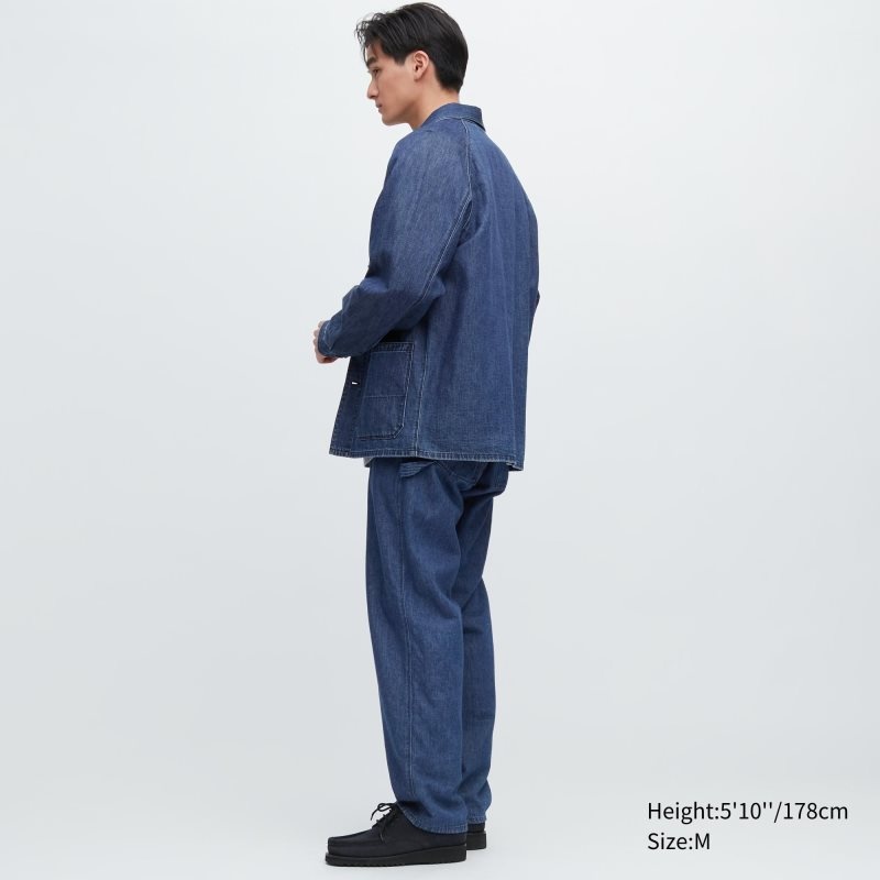 Blue Men Uniqlo Utility Denim (Cotton Linen) Jackets | USA JSKEQ-3789