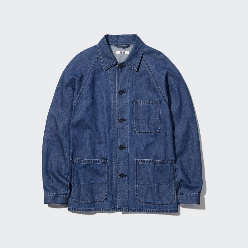 Blue Men Uniqlo Utility Denim (Cotton Linen) Jackets | USA JSKEQ-3789