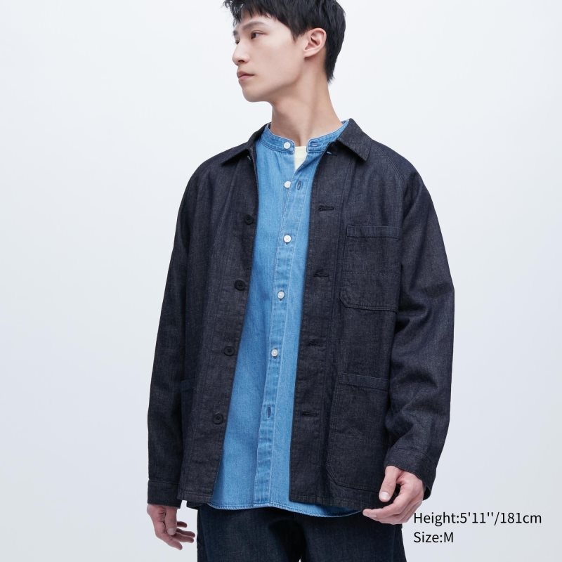 Blue Men Uniqlo Utility Denim (Cotton Linen) Jackets | USA SZNKY-4630