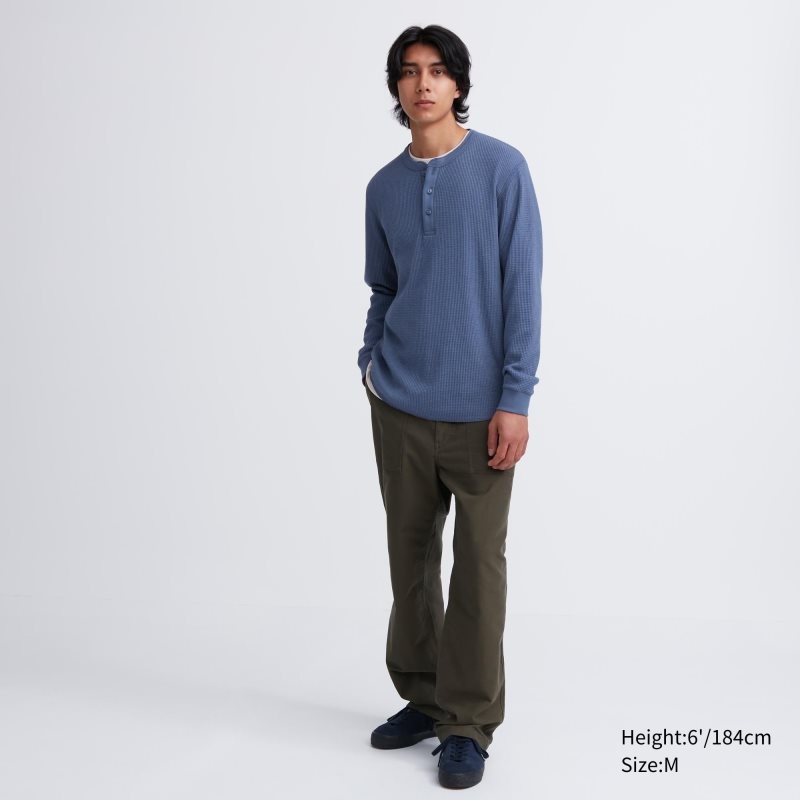 Blue Men Uniqlo Waffle Henley Neck Long-sleeve T Shirts | USA MVBEQ-5296