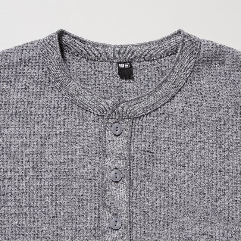 Blue Men Uniqlo Waffle Henley Neck Long-sleeve T Shirts | USA MVBEQ-5296