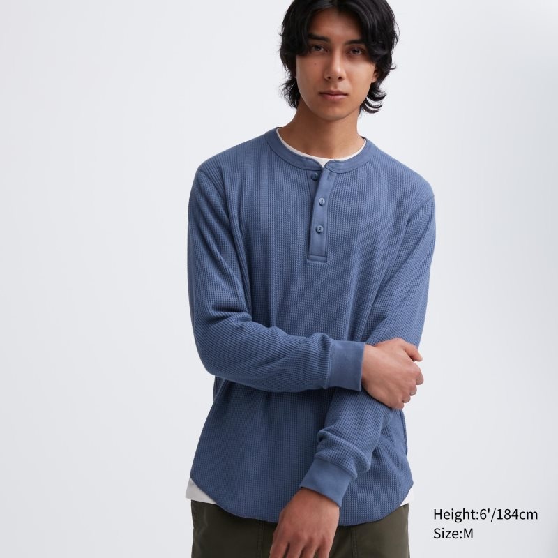 Blue Men Uniqlo Waffle Henley Neck Long-sleeve T Shirts | USA MVBEQ-5296