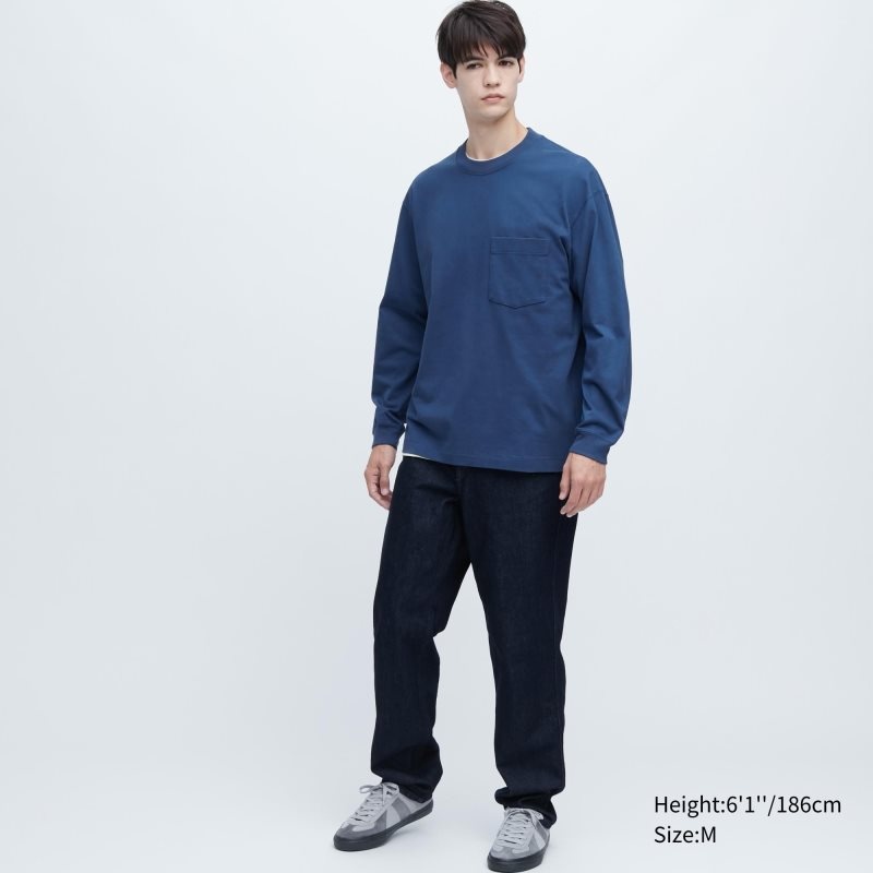 Blue Men Uniqlo Washed Cotton Crew Neck Long-sleeve T Shirts | USA QUZKY-2016