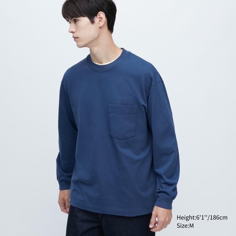 Blue Men Uniqlo Washed Cotton Crew Neck Long-sleeve T Shirts | USA QUZKY-2016