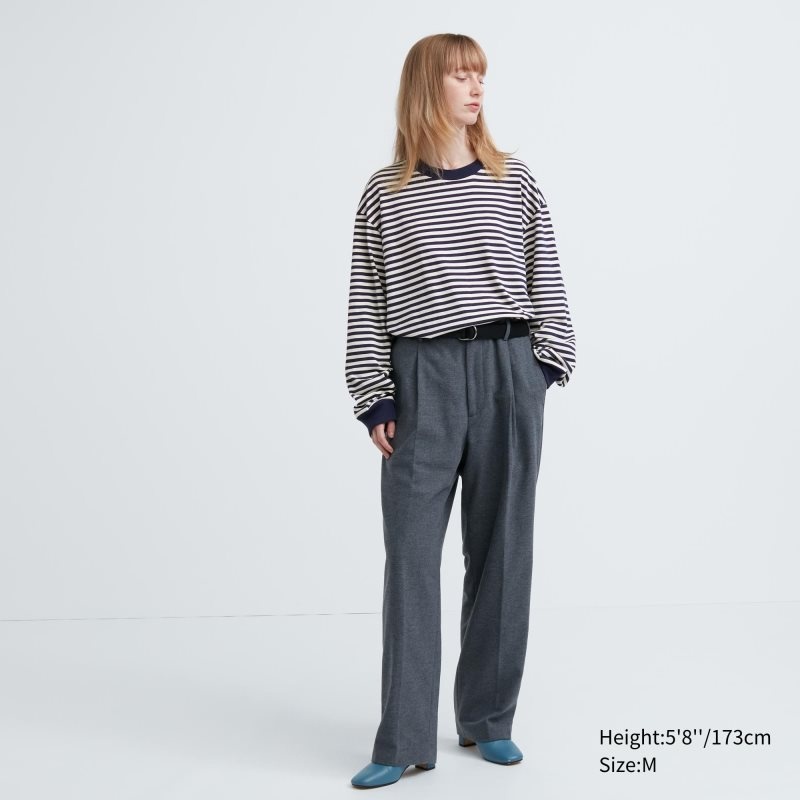 Blue Men Uniqlo Washed Cotton Oversized Crew Neck Long-sleeve (Striped) T Shirts | USA PIFZN-2438