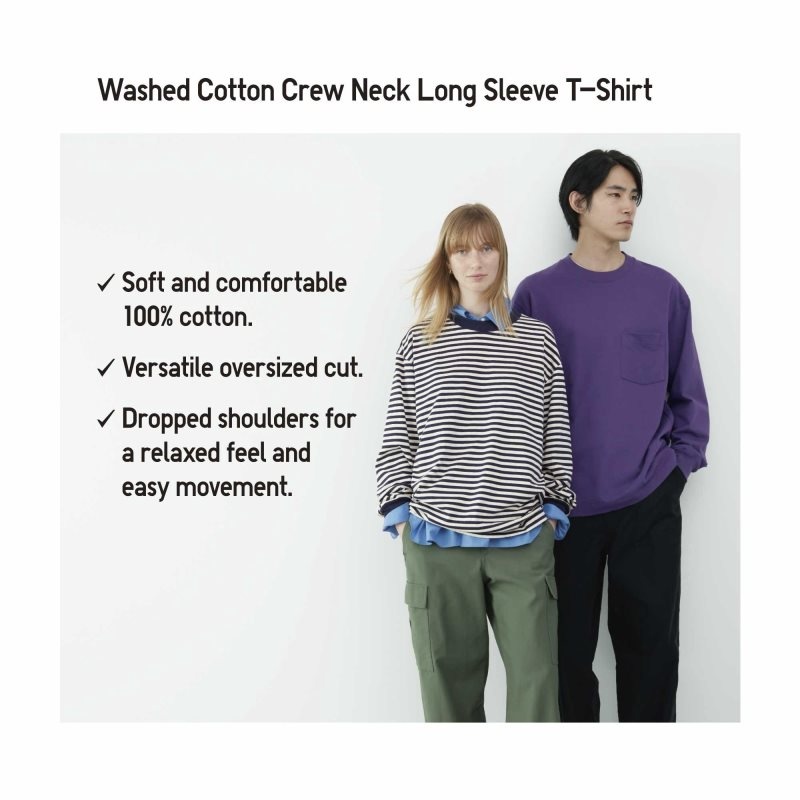 Blue Men Uniqlo Washed Cotton Oversized Crew Neck Long-sleeve (Striped) T Shirts | USA PIFZN-2438