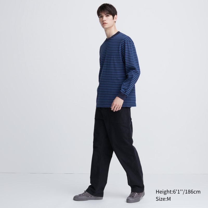 Blue Men Uniqlo Washed Cotton Oversized Crew Neck Long-sleeve (Striped) T Shirts | USA PIFZN-2438