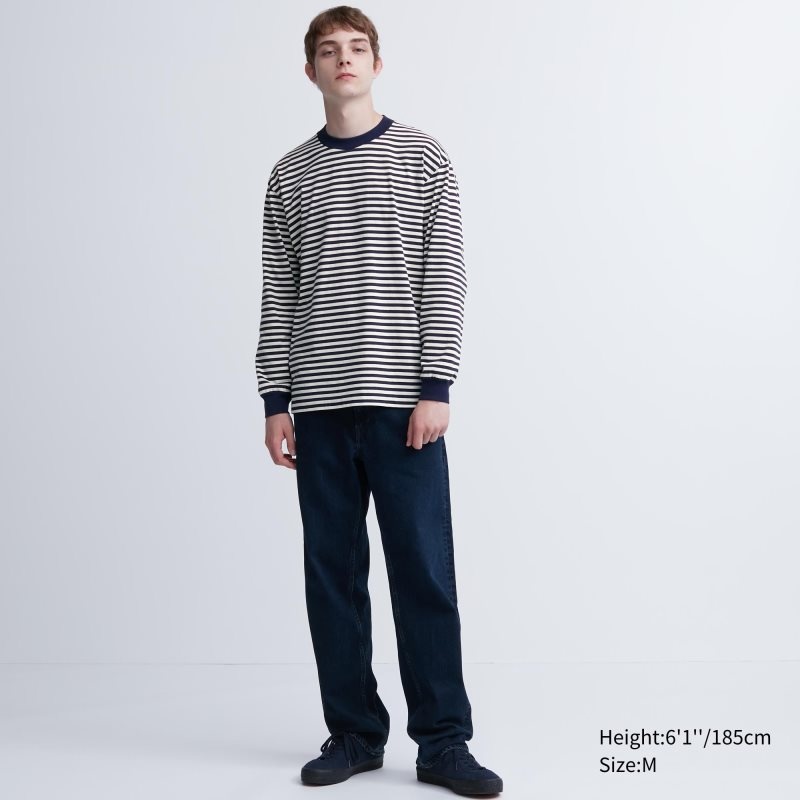 Blue Men Uniqlo Washed Cotton Oversized Crew Neck Long-sleeve (Striped) T Shirts | USA PIFZN-2438