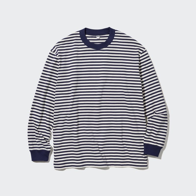 Blue Men Uniqlo Washed Cotton Oversized Crew Neck Long-sleeve (Striped) T Shirts | USA PIFZN-2438