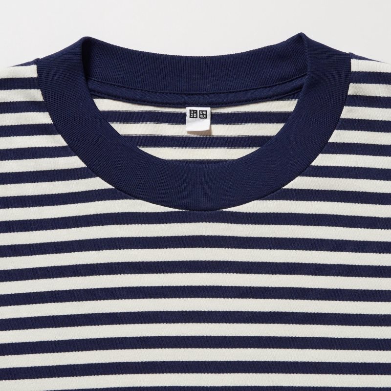 Blue Men Uniqlo Washed Cotton Oversized Crew Neck Long-sleeve (Striped) T Shirts | USA PIFZN-2438