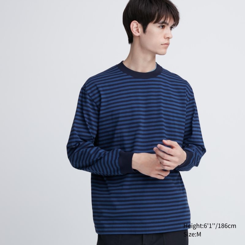 Blue Men Uniqlo Washed Cotton Oversized Crew Neck Long-sleeve (Striped) T Shirts | USA PIFZN-2438