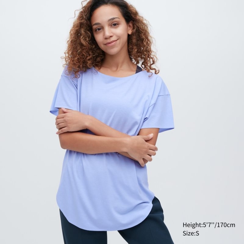 Blue Women Uniqlo Airism Seamless Boat Neck Long T Shirts | USA GBEIN-2094