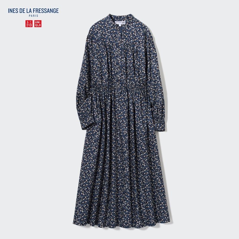 Blue Women Uniqlo Cotton Twill Volume Sleeve Long (Ines De La Fressange) Dress | USA JXAHS-6403