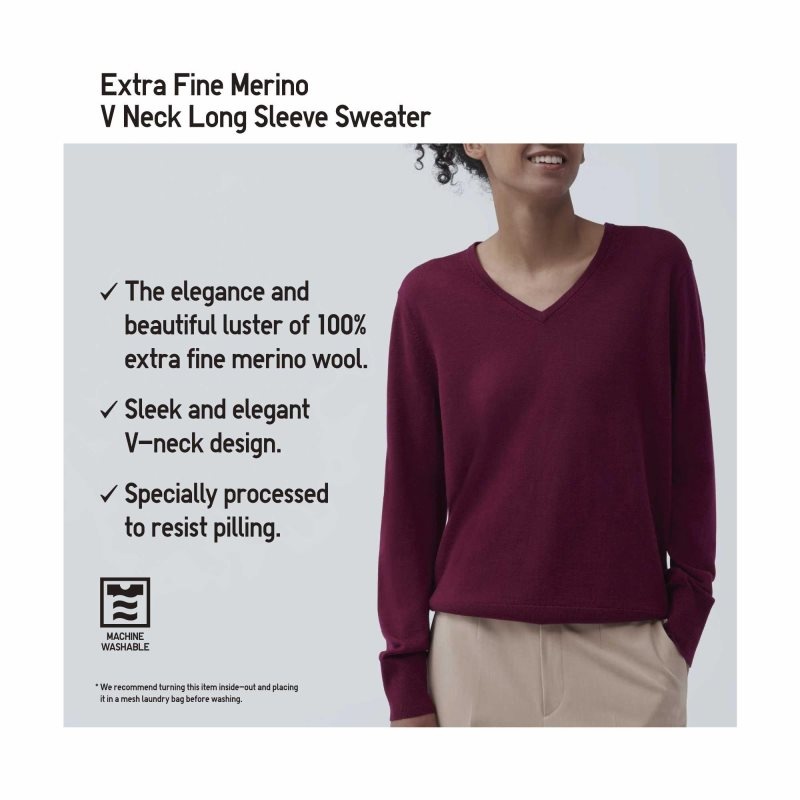 Blue Women Uniqlo Extra Fine Merino V-neck Long-sleeve Sweaters | USA OULIP-9062