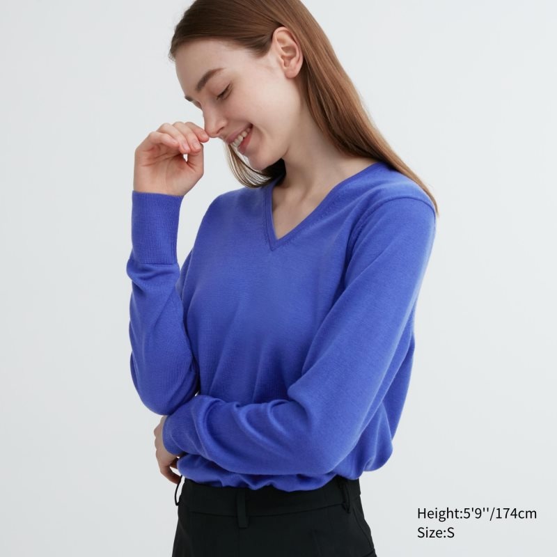 Blue Women Uniqlo Extra Fine Merino V-neck Long-sleeve Sweaters | USA OULIP-9062