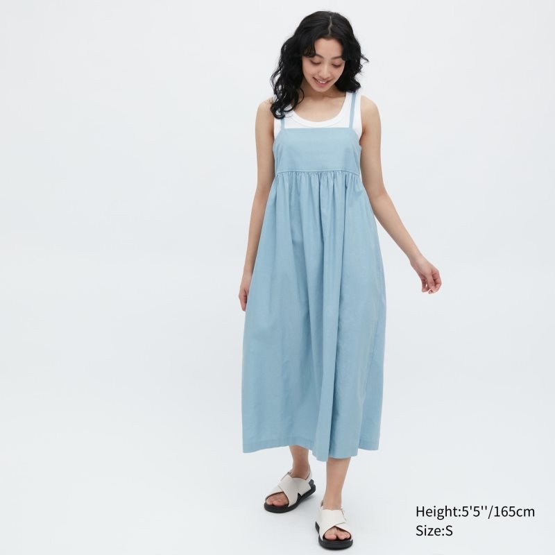 Blue Women Uniqlo Linen-blend Gathered Camisole Dress | USA QUPSH-4258