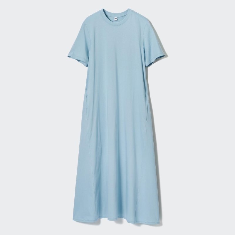 Blue Women Uniqlo Mercerized Cotton Short-sleeve A-line Dress | USA IDVLG-7324