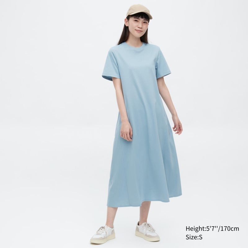 Blue Women Uniqlo Mercerized Cotton Short-sleeve A-line Dress | USA IDVLG-7324