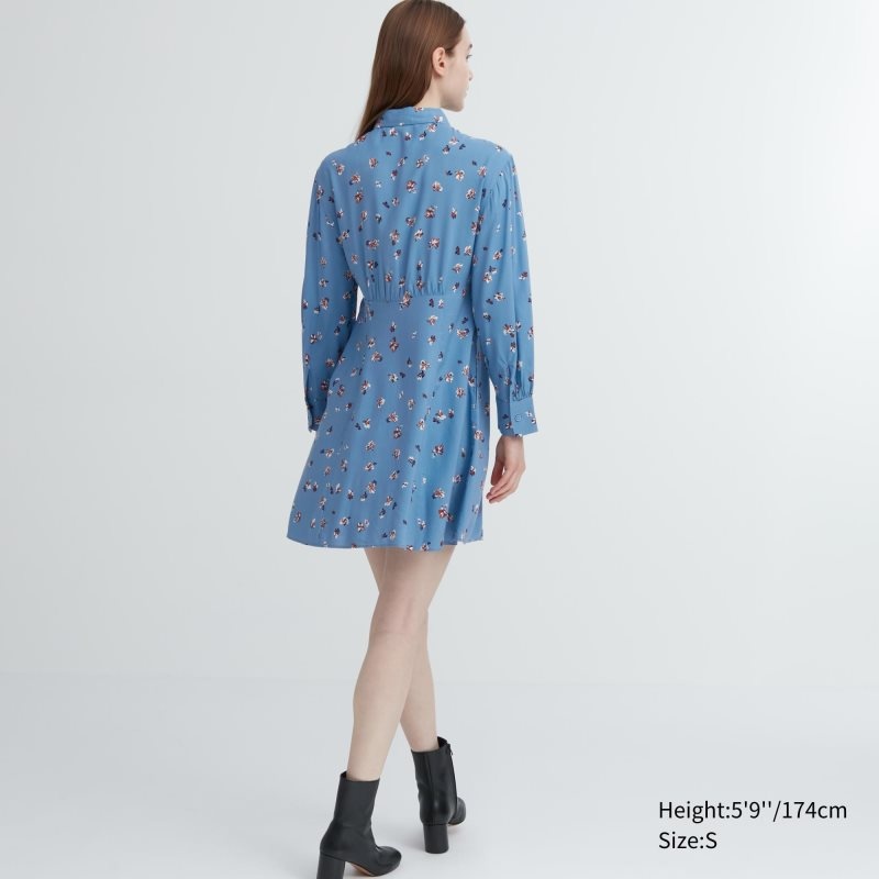 Blue Women Uniqlo Printed V-neck Long-sleeve Mini Dress | USA MLDPR-4021