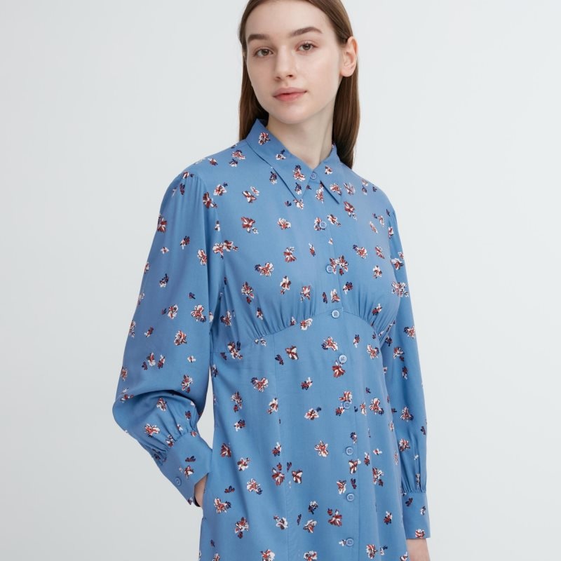 Blue Women Uniqlo Printed V-neck Long-sleeve Mini Dress | USA MLDPR-4021