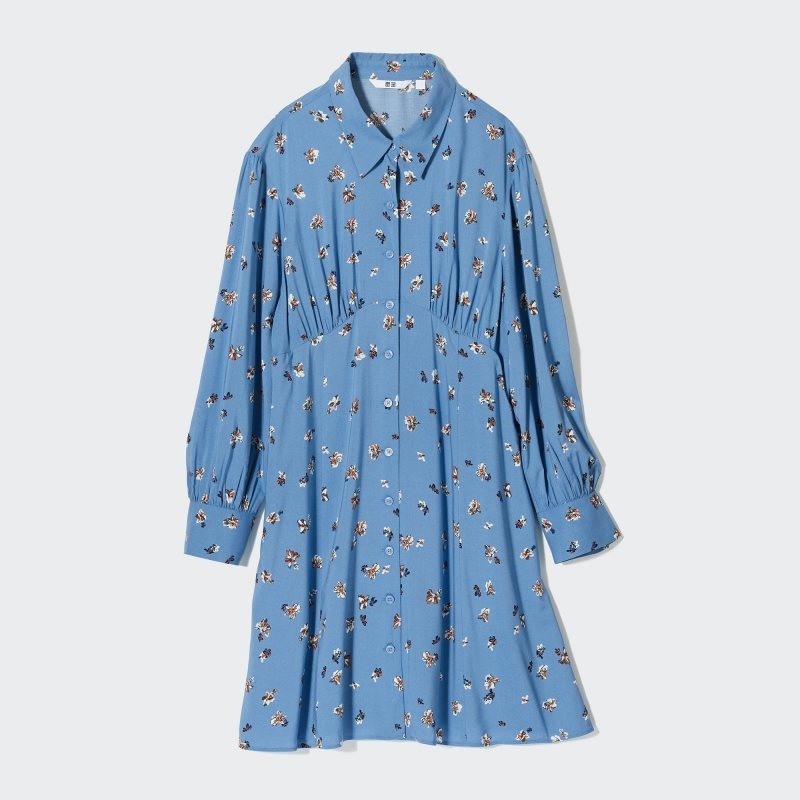 Blue Women Uniqlo Printed V-neck Long-sleeve Mini Dress | USA MLDPR-4021