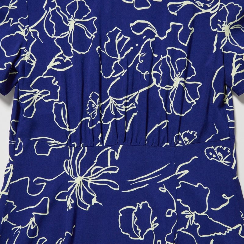 Blue Women Uniqlo Printed V-neck Short-sleeve Flare Dress | USA WZXEO-5820