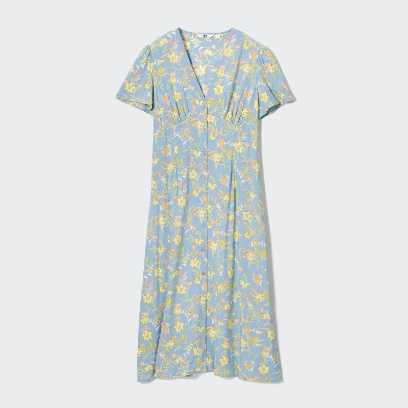 Blue Women Uniqlo Printed V-neck Short-sleeve Flare Dress | USA PECTY-7358