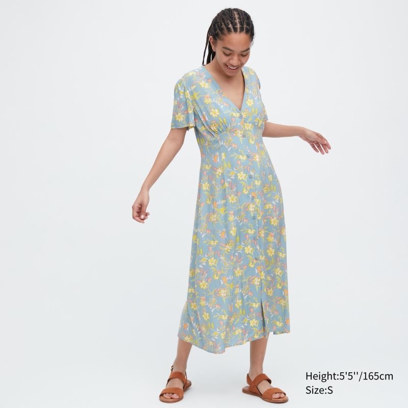 Blue Women Uniqlo Printed V-neck Short-sleeve Flare Dress | USA PECTY-7358