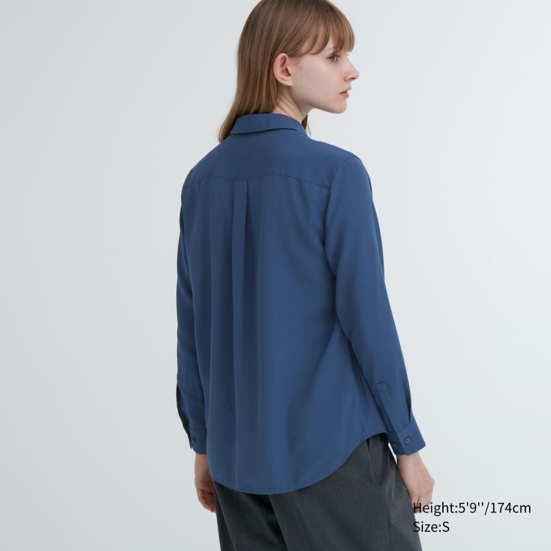 Blue Women Uniqlo Rayon Long-sleeve Blouse | USA IHKOJ-0728