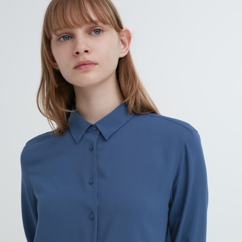 Blue Women Uniqlo Rayon Long-sleeve Blouse | USA IHKOJ-0728