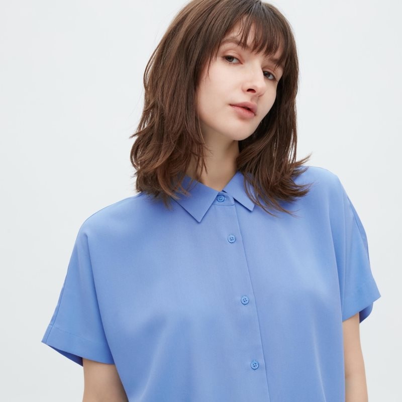 Blue Women Uniqlo Rayon Short-sleeve Blouse | USA MVDBI-4617