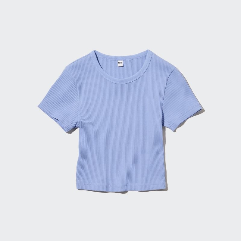 Blue Women Uniqlo Ribbed Crew Neck Short-sleeve Cropped T Shirts | USA YBVDA-5076