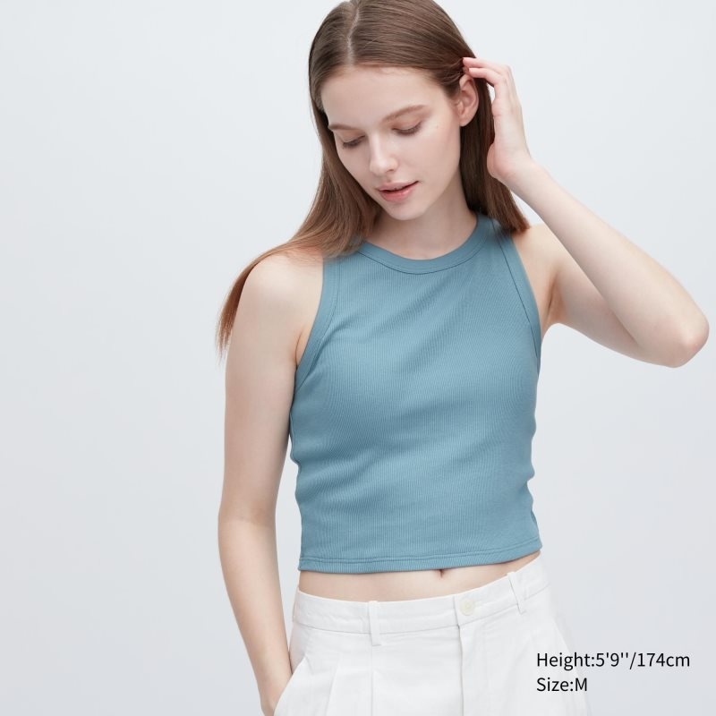 Blue Women Uniqlo Ribbed Cropped Sleeveless Bras | USA XDAHW-0437